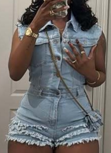 Light Blue Denim Sleeveless Fitted Jumpsuit