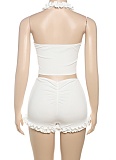 Solid Color Sexy Ruffled Hanging Neck Vest Slim Shorts Two-Piece Set