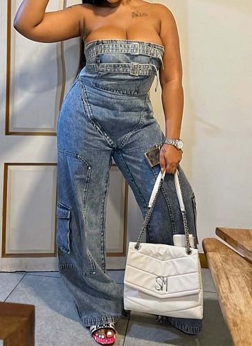 Blue Street Hip-Hop Tube Top High Waist Workwear Denim Jumpsuit For Women