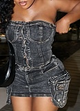 Fashion Retro Chest Wrapped Single-Breasted Vest Elastic Washed Denim Skirt Two-Piece Set