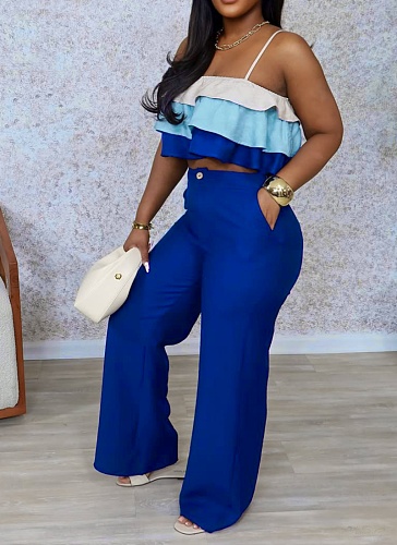 Spring And Summer Suspender Chest Wrap Ruffled Top High Waist Trousers Two-Piece Set