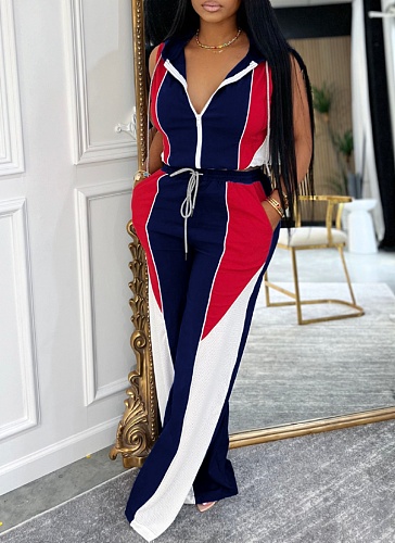 Colorblock Hooded Sleeveless Top and Drawstring Trousers Two-Piece Set