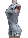 Light Blue Denim Sleeveless Fitted Jumpsuit
