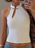 Personalized Stand Collar Solid Color Slim Sexy Sleeveless T-Shirt