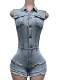 Light Blue Denim Sleeveless Fitted Jumpsuit