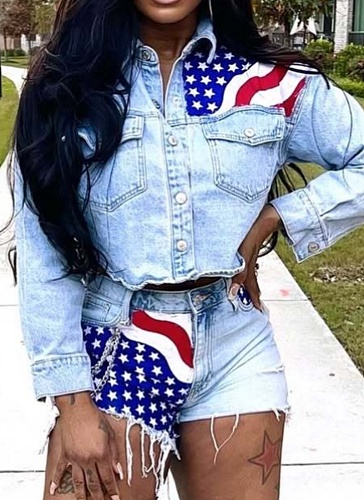 New Casual Denim Flag Print Long Sleeve Top And Shorts Two-Piece Set