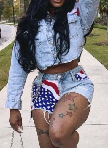 New Casual Denim Flag Print Long Sleeve Top And Shorts Two-Piece Set