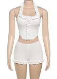 Solid Color Sexy Ruffled Hanging Neck Vest Slim Shorts Two-Piece Set