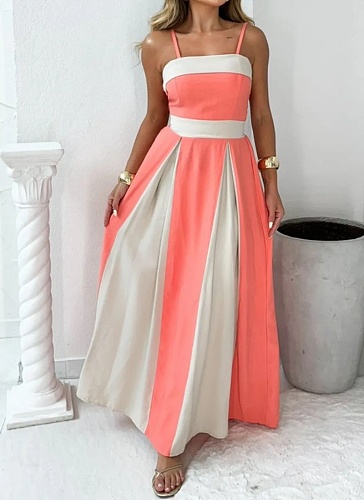 Elegant And Fashionable Contrast Color High Waist Suspender Dress For Women