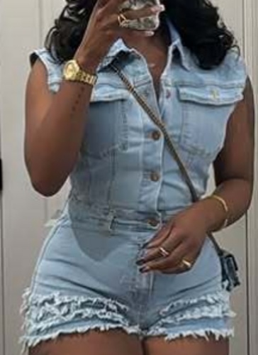 Light Blue Denim Sleeveless Fitted Jumpsuit