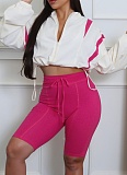 Contrast Color Waist Zipper Belly-Exposing Long-Sleeved Cardigan And Shorts Two-Piece Set