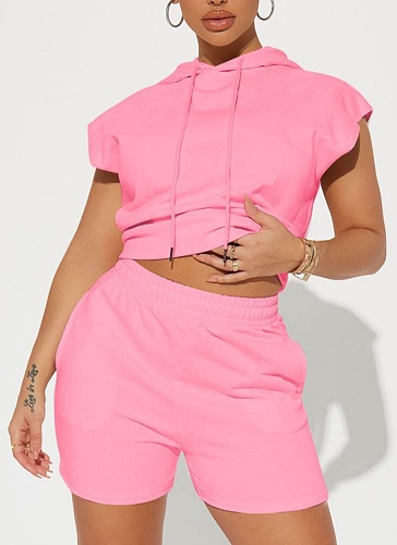 Summer New Style Hooded Pocket Sports Solid Color Casual Two-Piece Suit