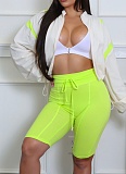 Contrast Color Waist Zipper Belly-Exposing Long-Sleeved Cardigan And Shorts Two-Piece Set