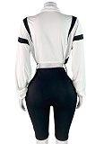 Contrast Color Waist Zipper Belly-Exposing Long-Sleeved Cardigan And Shorts Two-Piece Set