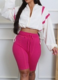Contrast Color Waist Zipper Belly-Exposing Long-Sleeved Cardigan And Shorts Two-Piece Set