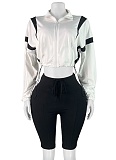 Contrast Color Waist Zipper Belly-Exposing Long-Sleeved Cardigan And Shorts Two-Piece Set