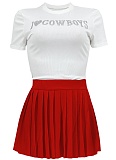 Fashionable Casual O-Neck Top Pleated Skirt Two-Piece Suit