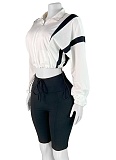 Contrast Color Waist Zipper Belly-Exposing Long-Sleeved Cardigan And Shorts Two-Piece Set