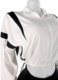 Contrast Color Waist Zipper Belly-Exposing Long-Sleeved Cardigan And Shorts Two-Piece Set