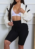 Contrast Color Waist Zipper Belly-Exposing Long-Sleeved Cardigan And Shorts Two-Piece Set