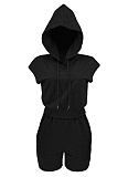 Summer New Style Hooded Pocket Sports Solid Color Casual Two-Piece Suit