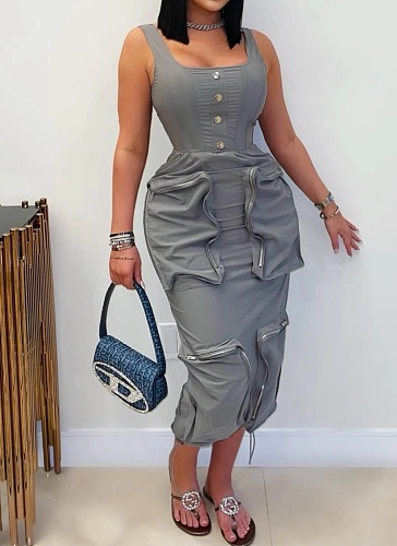 Gray Elegant Casual Three-Dimensional Large Pocket Sleeveless Dress