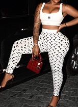 Sexy Tight Camisole Top With Printed Bag Hip Trousers Two-Piece Set