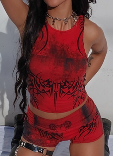 New Sexy Navel-Baring Printed Vest High Waist Hip-Lifting Shorts Two-Piece Suit For Women