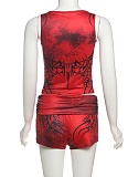 New Sexy Navel-Baring Printed Vest High Waist Hip-Lifting Shorts Two-Piece Suit For Women