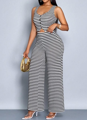 Fashion Personality Striped Print Sleeveless Vest Wide-Leg Trousers Two-Piece Set