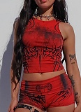 New Sexy Navel-Baring Printed Vest High Waist Hip-Lifting Shorts Two-Piece Suit For Women