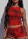 New Sexy Navel-Baring Printed Vest High Waist Hip-Lifting Shorts Two-Piece Suit For Women