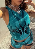 New Sexy Navel-Baring Printed Vest High Waist Hip-Lifting Shorts Two-Piece Suit For Women