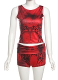 New Sexy Navel-Baring Printed Vest High Waist Hip-Lifting Shorts Two-Piece Suit For Women