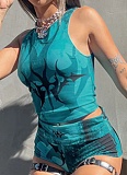 New Sexy Navel-Baring Printed Vest High Waist Hip-Lifting Shorts Two-Piece Suit For Women
