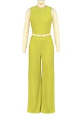 Elastic Crumpled Loose Sleeveless Top Wide Leg Pants Two-Piece Set