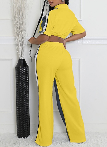 Denim Patchwork Stand Collar Zipper Top Wide Leg Pants Two Piece Set