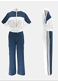 Denim Patchwork Stand Collar Zipper Top Wide Leg Pants Two Piece Set