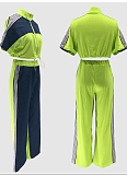 Denim Patchwork Stand Collar Zipper Top Wide Leg Pants Two Piece Set