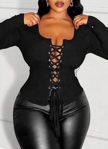 Solid Color Slim Fit Cardigan Lace-Up Large U-Neck Ribbed Long Sleeve Top