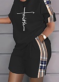 Plaid Patchwork Short-Sleeved Top And Pocket Sports Shorts Two-Piece Set