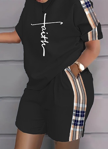 Plaid Patchwork Short-Sleeved Top And Pocket Sports Shorts Two-Piece Set