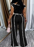Casual One Shoulder Slim Sexy Top Wide Leg Trousers Two Piece Set