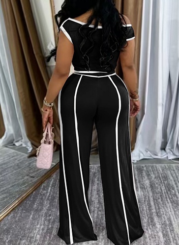 Casual One Shoulder Slim Sexy Top Wide Leg Trousers Two Piece Set