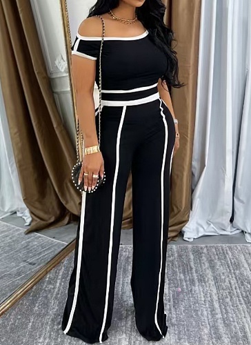 Casual One Shoulder Slim Sexy Top Wide Leg Trousers Two Piece Set