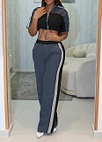 Denim Patchwork Stand Collar Zipper Top Wide Leg Pants Two Piece Set