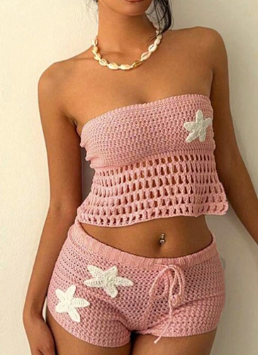 Summer Sexy Navel-Baring Tube Top Hip Shorts Flower Knitted Two-Piece Suit