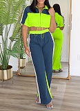 Denim Patchwork Stand Collar Zipper Top Wide Leg Pants Two Piece Set