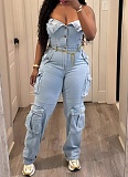 Bandeau Cardigan Button Large Pocket Washed Denim Jumpsuit