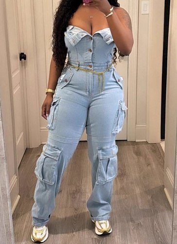 Bandeau Cardigan Button Large Pocket Washed Denim Jumpsuit